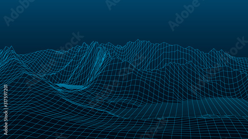 Vector gradient wireframe 3d landscape. Technology grid illustration. Network of connected dots and lines.