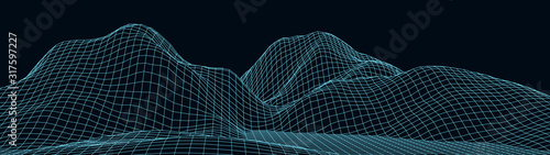 Vector wireframe 3d landscape. Technology grid illustration. Network of connected dots and lines.