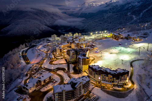 Obraz na plátně Night aerial view of the Ski Resort Rosa Khutor