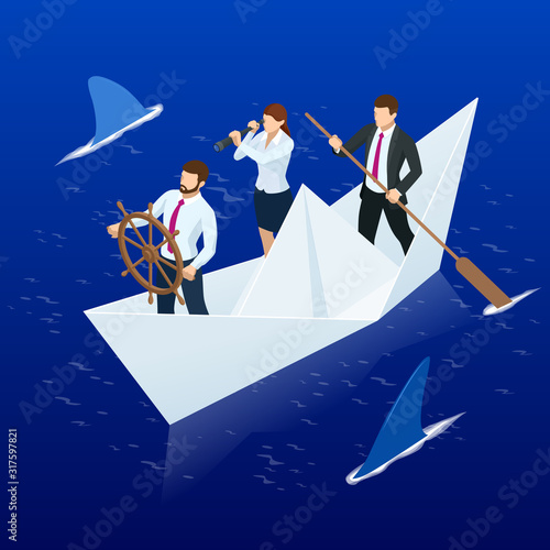 Isometric Businessmen on paper boat. Business team overcomes difficulties and risks. Visionary leading team, teamwork concept.