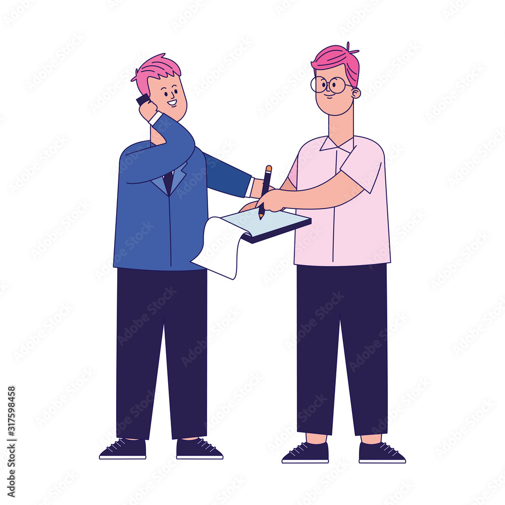 cartoon businessman using a cellphone and man writing notes, colorful design cartoon businessman using a cellphone and man writing notes, colorful design