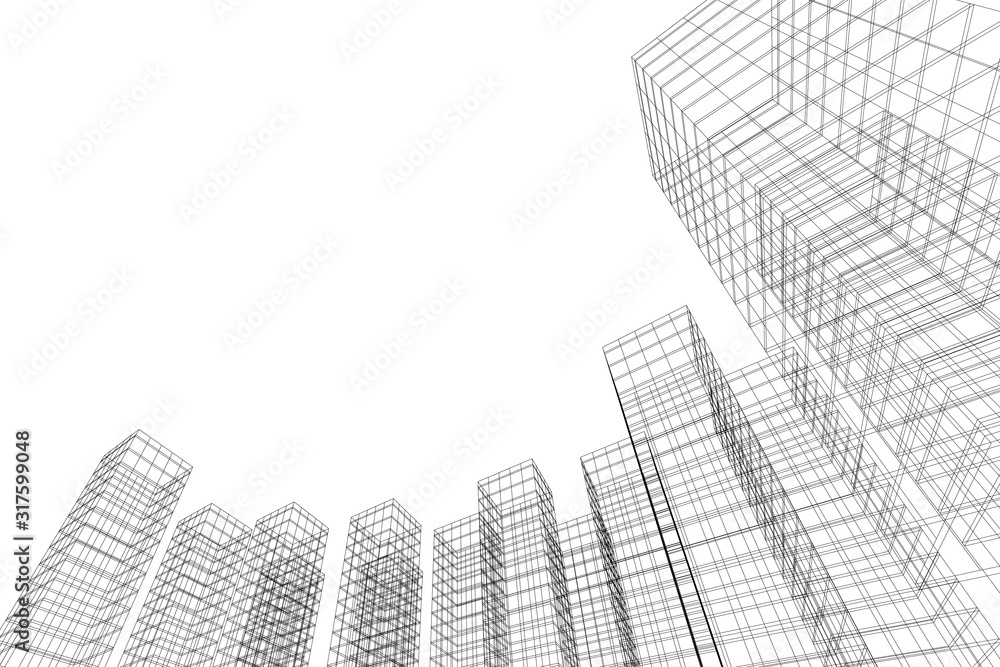 Abstract architectural background. Linear 3D illustration. Concept sketch