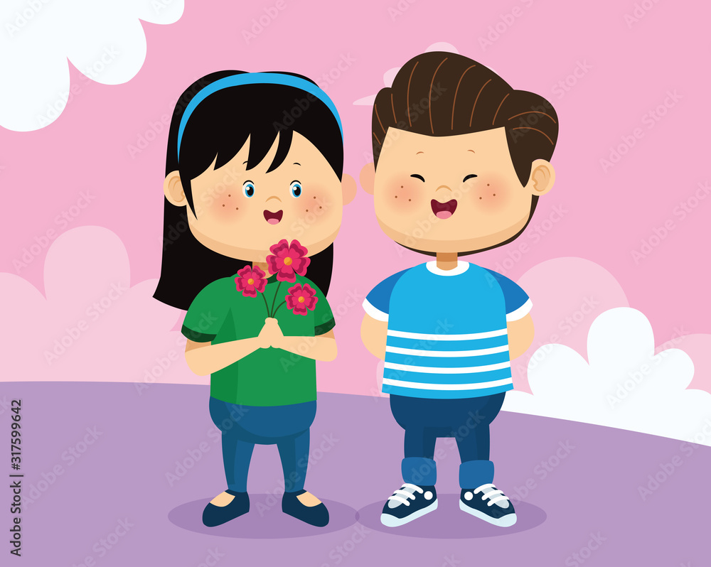 cartoon happy boy and girl with flowers, colorful design cartoon happy boy and girl with flowers, colorful design