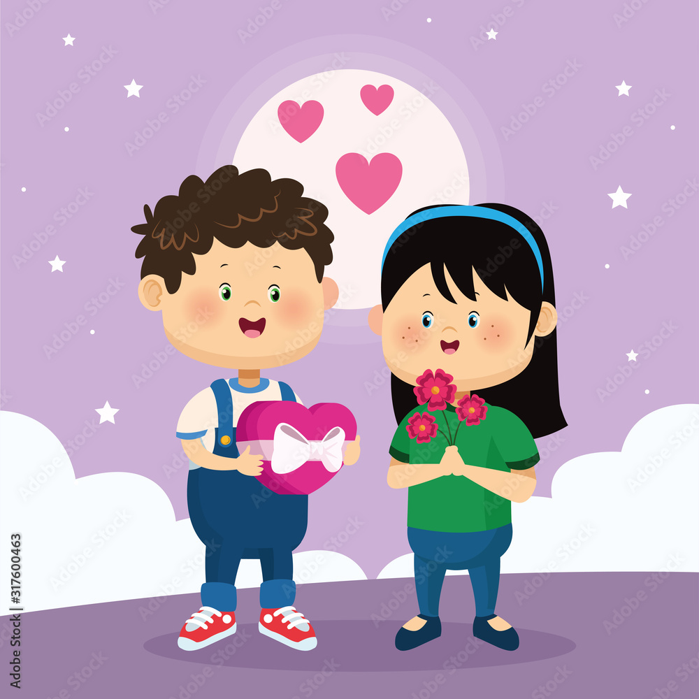 Happy girl with flowers and boy, colorful design Happy girl with flowers and boy, colorful design