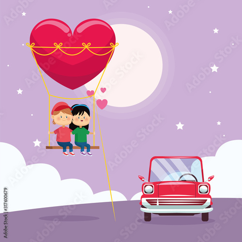 happy couple on heart swing and classic car, colorful design