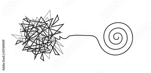 Tangled broken line and untangled neat spiral line, complex and simple knot, constructing and solving complex problem, brainstorming, doodle infographic for business, isolated vector illustration