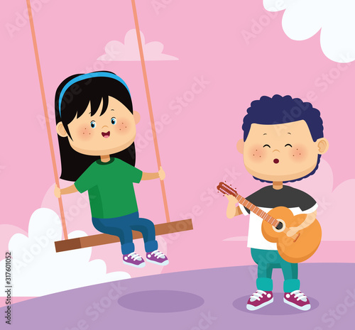 man singing and playing guitar to a girl on a swing, colorful design