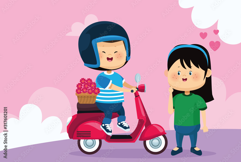 happy girl and boy on classic motorcycle with flowers happy girl and boy on classic motorcycle with flowers