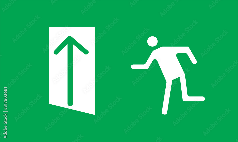 Evacuation plate Exit here Illustration. Fire safety. Green color Fire emergency exit sign