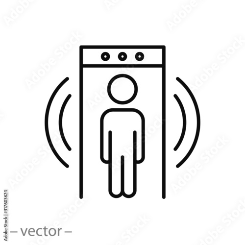 detector metal icon, security check, frisking man, thin line web symbol on white background - editable stroke vector illustration eps10