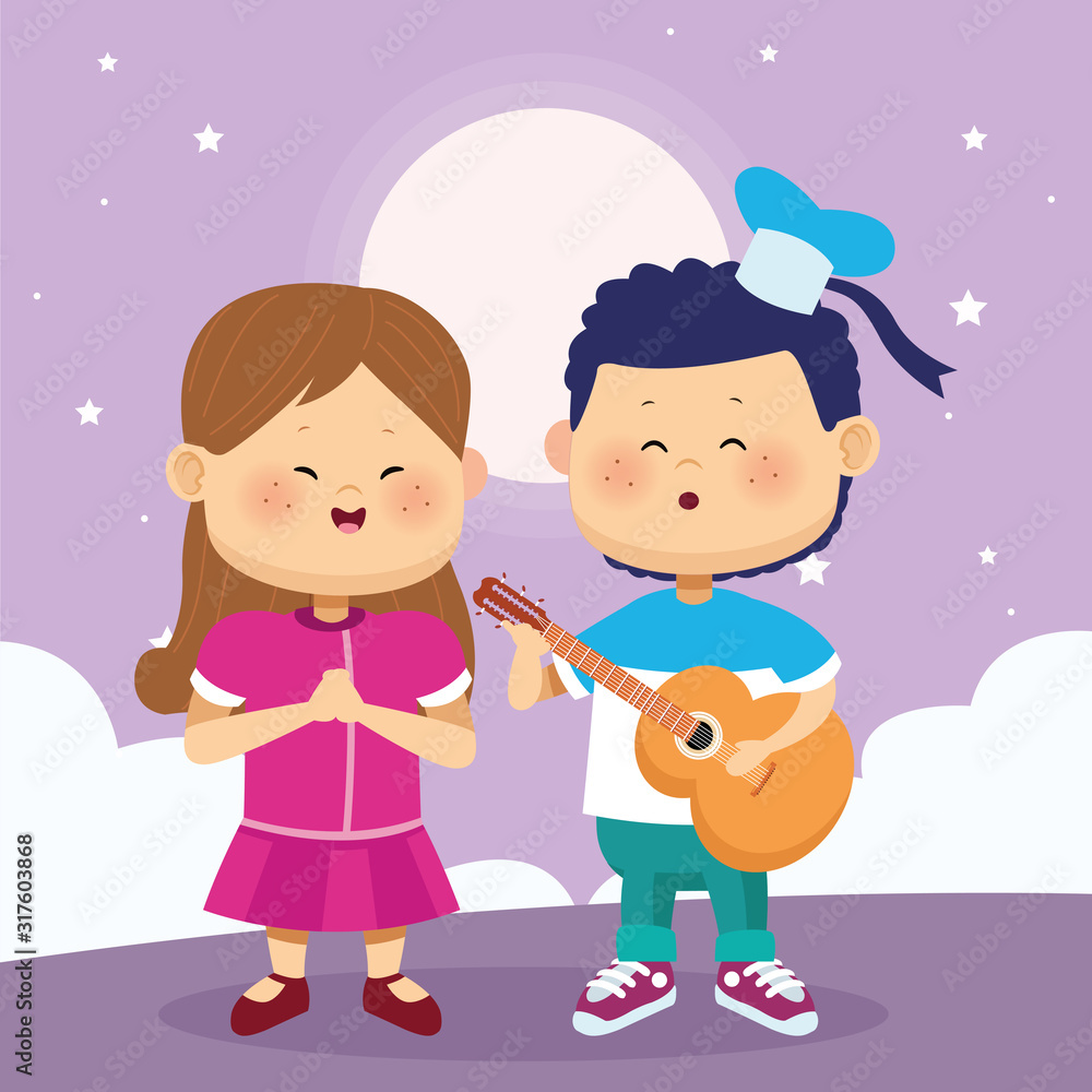 happy girl and boy playing guitar, colorful design happy girl and boy playing guitar, colorful design