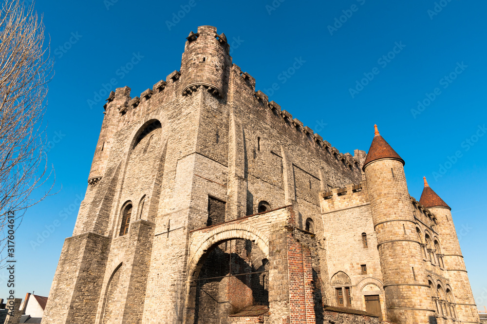 Majestic medieval Gravensteen, Castle of the Counts of Flanders, in historic part of Ghent, Belgium