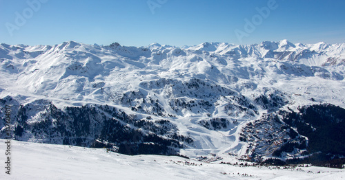 Meribel mottaret panoramic valley view sun snowy mountain landscape France alpes 3 vallees