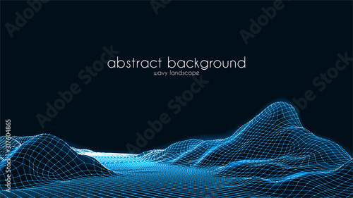 Abstract digital landscape with particles dots and stars on horizon. Wireframe landscape background. Big Data. 3d futuristic vector illustration. 80s Retro Sci-Fi Background