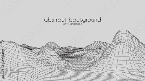 Abstract digital landscape with particles dots and stars on horizon. Wireframe landscape background. Big Data. 3d futuristic vector illustration. 80s Retro Sci-Fi Background