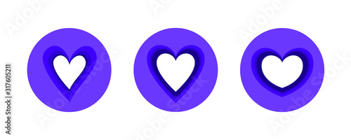  Three different heart shapes are in purple circles, the idea for the day of all lovers
