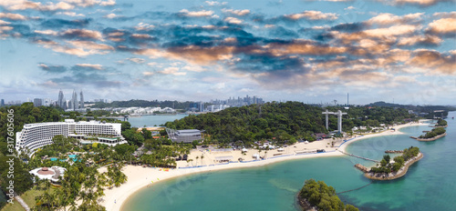 Panoramic aerial view of Siloso Beach and Sentosa Island at sunset, Singapore photo