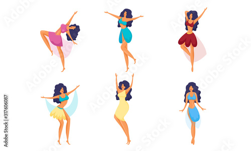 Young women in colorful costumes dancing and moving vector illustration photo