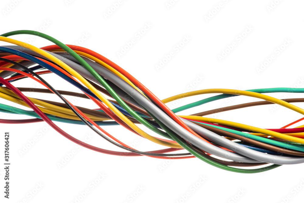 Close-up of colorful cable on white background Close-up of colorful cable on white background