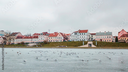 Aerial view on Trinity or Troitskoe suburb in Minsk. Historical building of the city. Travel concept. photo