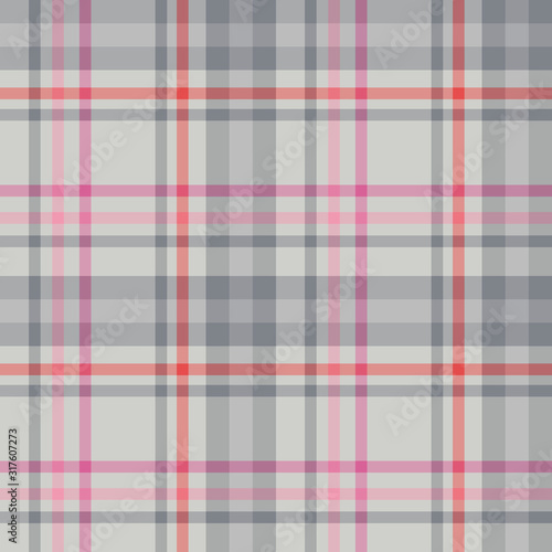 Seamless pattern in light grey, red and bright pink colors for plaid, fabric, textile, clothes, tablecloth and other things. Vector image.