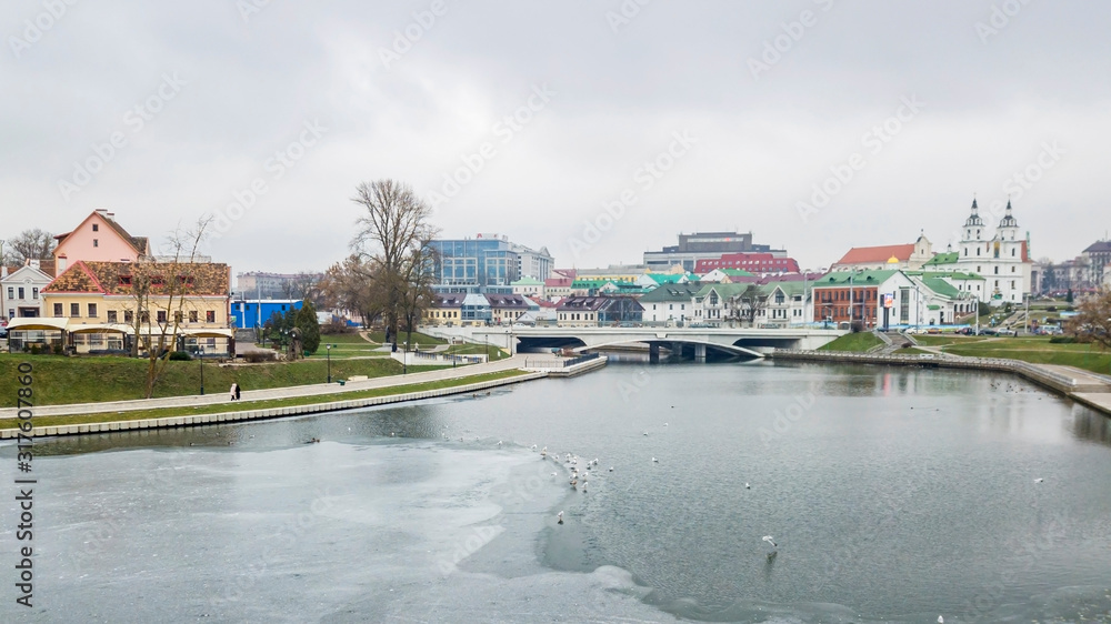 Obraz premium Aerial view on Trinity or Troitskoe suburb and historical center in Minsk. Historical building of the city. Travel concept.