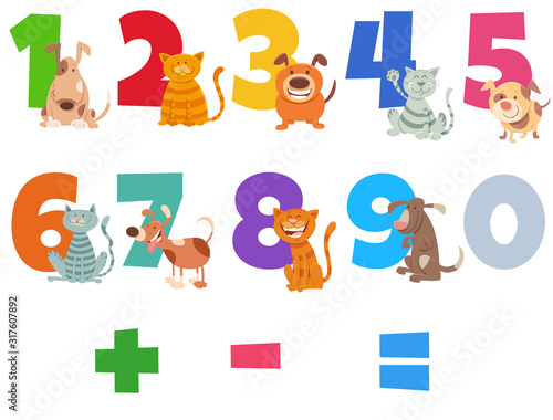 numbers set with happy cats and dogs