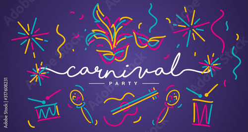 Carnival Party 2020 handwritten typography colorful line design carnival elements and music instruments purple invitation card.jpg