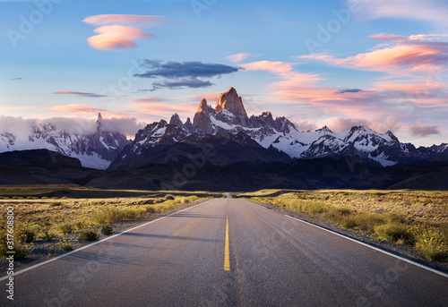 Sunset on Road to El Chalten - view of Mt Fitzroy and Cerro Torre
