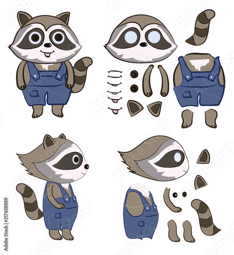 Little cartoon raccoon in blue pants - character constructor, front and side view. Head, body, arms, legs, tail, ears, eyes and different emotions. Vector illustration for cartoon and motion graphics.