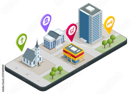 Isometric town map with GPS navigation mobile application, Traveling Navigation, interactive city navigation. City navigation map with pins or gps map, cityscape.