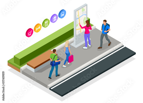 Isometric town map with GPS navigation mobile application, Traveling Navigation, interactive city navigation. City navigation map with pins or gps map, cityscape.
