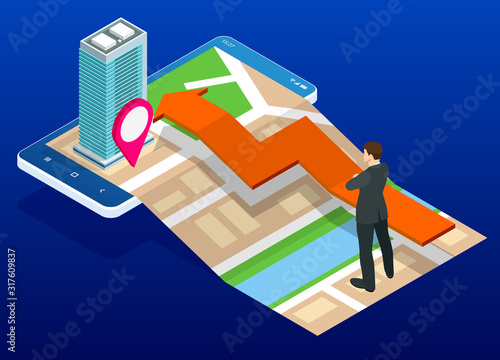 Isometric town map with GPS navigation mobile application, Traveling Navigation, interactive city navigation. City navigation map with pins or gps map, cityscape.