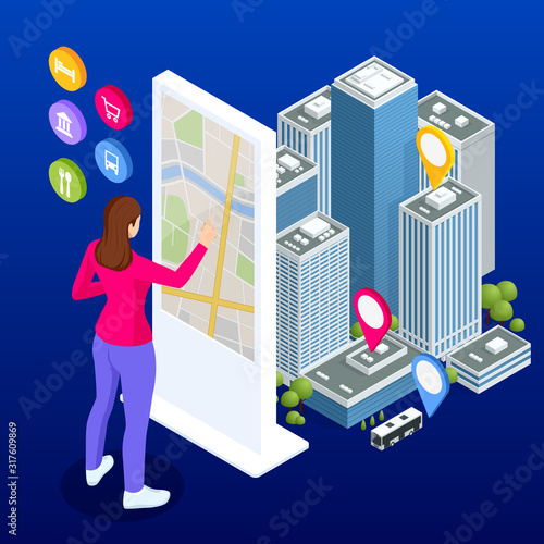 Isometric town map with GPS navigation mobile application, Traveling Navigation, interactive city navigation. City navigation map with pins or gps map, cityscape.