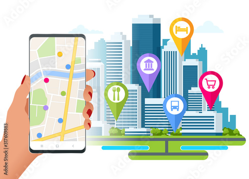 Isometric town map with GPS navigation mobile application, Traveling Navigation, interactive city navigation. City navigation map with pins or gps map, cityscape.