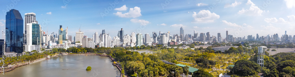 Aerial panoramic view of Bangkok skyline from Benjakitti Park