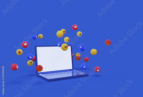 3d illustration notebook and social media icons on blue background