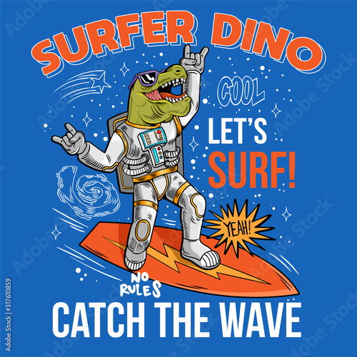 t rex catch the wave on space surfboard