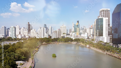 Bangkok skyline  Thailand. Aerial view of city buildings from Benjakitti Park