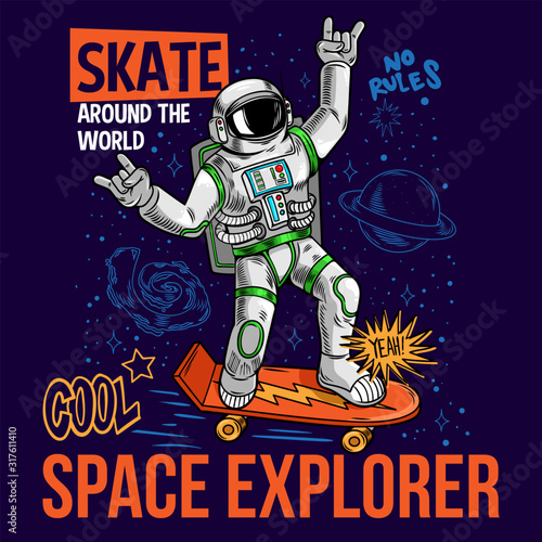 skater astronaut spaceman ride on space skateboard