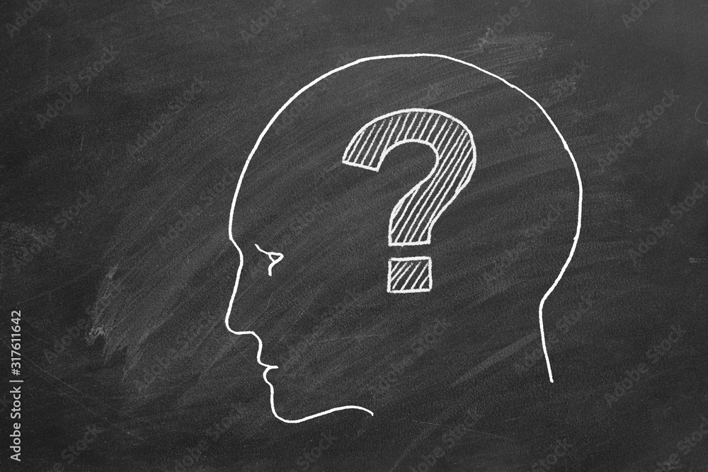 Human face with question mark inside. Illustration on blackboard. Doubt ...
