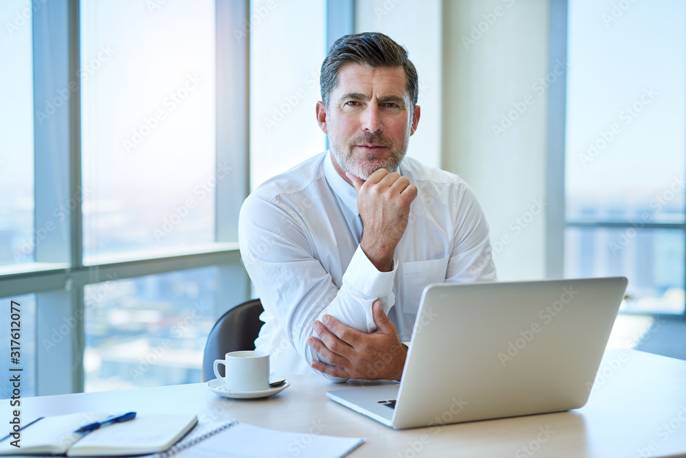 Handsome mature businessman with laptop in office looking serious Handsome mature businessman with laptop in office looking serious