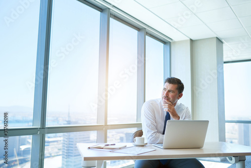Mature business leader in modern office thinking and looking positive