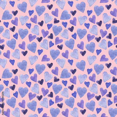 Wallpaper Mural Seamless pattern with hand-drawn watercolor blue purple hearts on pink background. Valentine's day texture for design of wrapping paper, postcards, fabric  Torontodigital.ca