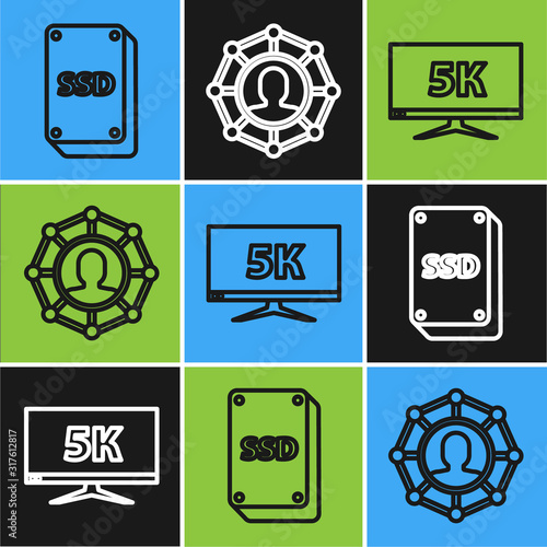 Set line SSD card, Monitor display with 5k video and Project team base icon. Vector