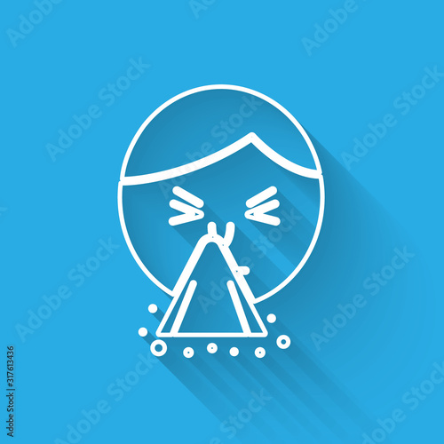 White line Man holding handkerchief or napkin to his runny nose icon isolated with long shadow. Coryza desease symptoms. Vector Illustration