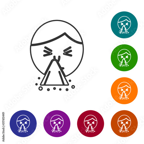 Grey line Man holding handkerchief or napkin to his runny nose icon isolated on white background. Coryza desease symptoms. Set icons in color circle buttons. Vector Illustration