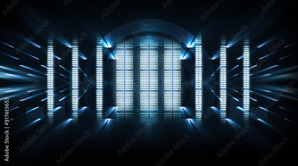 Background of empty show scene. Empty dark modern abstract neon background. Glow of neon lights on an empty stage, diodes, rays and lines. Lights of the night city. Background of empty show scene. Empty dark modern abstract neon background. Glow of neon lights on an empty stage, diodes, rays and lines. Lights of the night city.