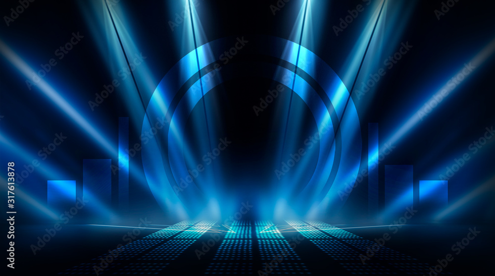 Obraz premium Background of empty show scene. Empty dark modern abstract neon background. Glow of neon lights on an empty stage, diodes, rays and lines. Lights of the night city.