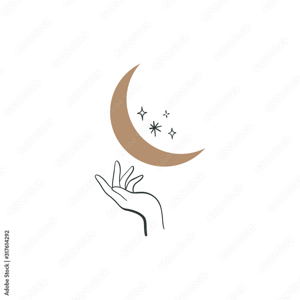Obraz premium Human hand moonlight logo or icon symbol. Night sky concept, a phase of the Moon. Isolated on white background. Good for natural theme design, beauty industry, wedding postcards. Vector illustration. 